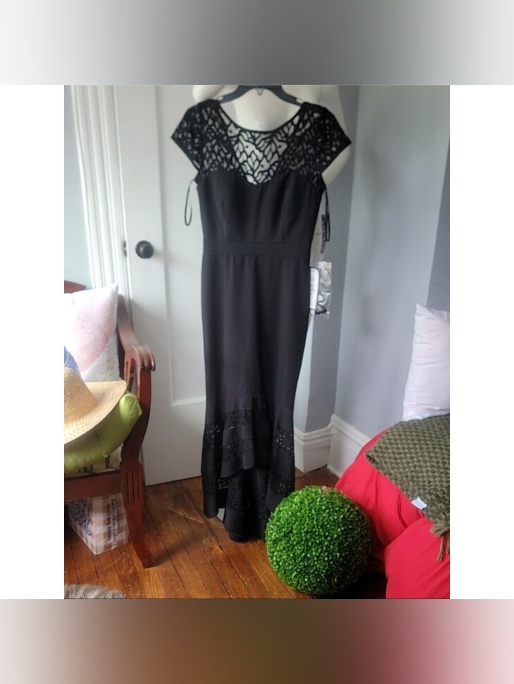 New! Xscape Black Formal Lace-Detail High Low Maxi Dress